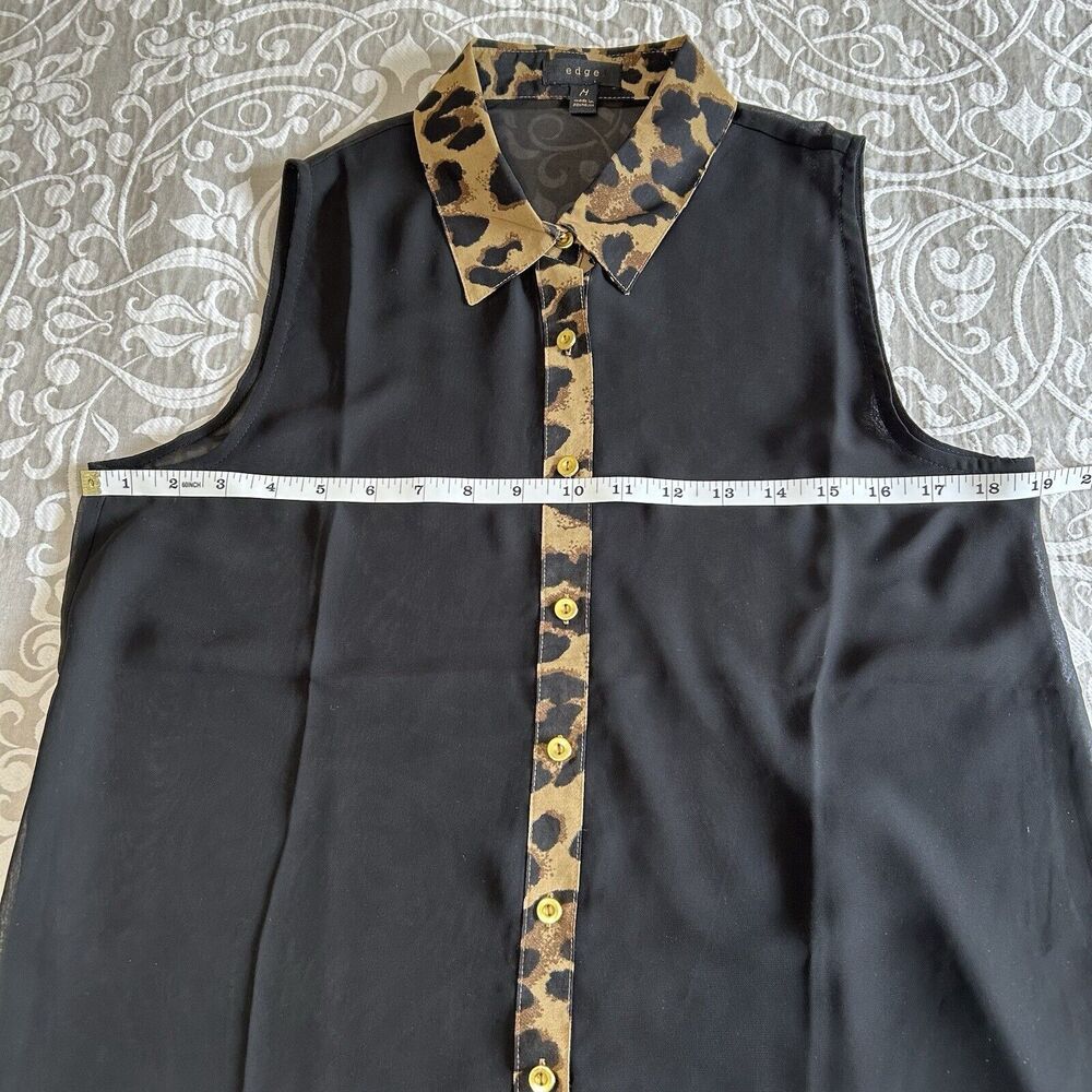 Edge Top Women M Black Leopard Gold Button Sheer Collar Office Party Maximalist - Picture 6 of 12